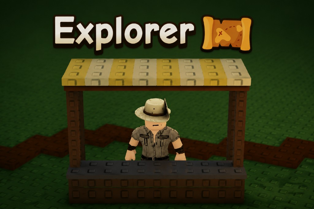 Explorer Ethan at his explorer stand in Grow a Garden 2